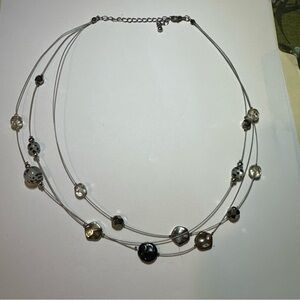 Silver Three Strand Necklace With Black, Silver, Metal, Clear Beads